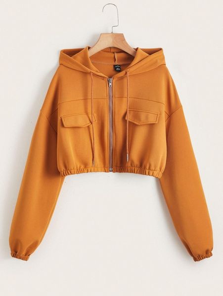 

petite solid zip up drawstring crop jacket n1q7#, Black;brown