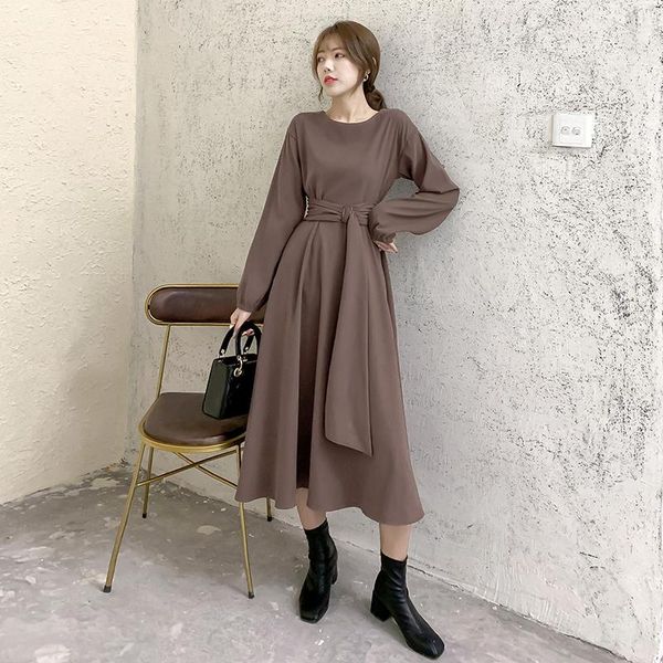 

casual dresses 2021 spring korean version french waist long dress female autumn and winter western-style sleeved temperament  l, Black;gray