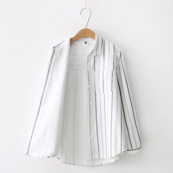 

women's blouses & shirts autumn winter striped plus velet blouse women fresh style turn-down collar long sleeve thick shirt female warm, White
