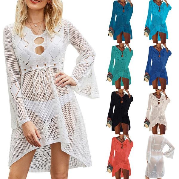 

women's swimwear hirigin 2021 women hollow-out bikini cover ups solid color see-through long flared sleeve dress for summer beach wear, White;black