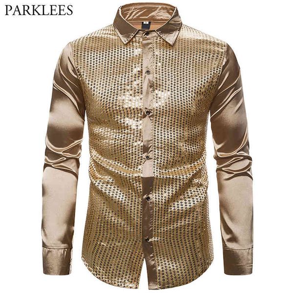 Goud Pailletten Heren Overhemd Zijde Satijn Mannen Lange Mouw Party Dance Shirt Mannen Glad Comfortabel Heren Tuxedo Shirt Camisas Hombre 210524