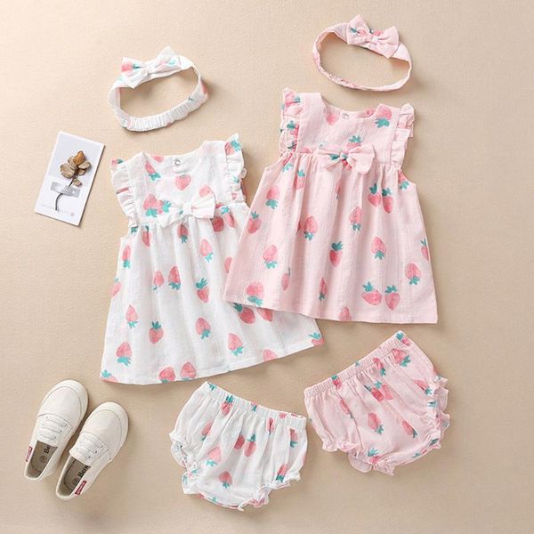 

clothing sets strawberry fruit printed girl outfits summer toddler kids sweet set ruffle suspender skirt headband for girls, White