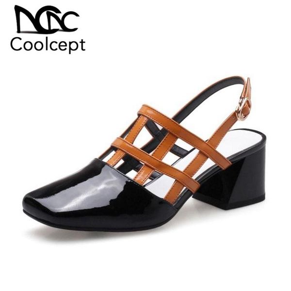 

coolcept 2021 women real leather high heel sandals square toe hollow gladiator summer shoes size 34-39, Black