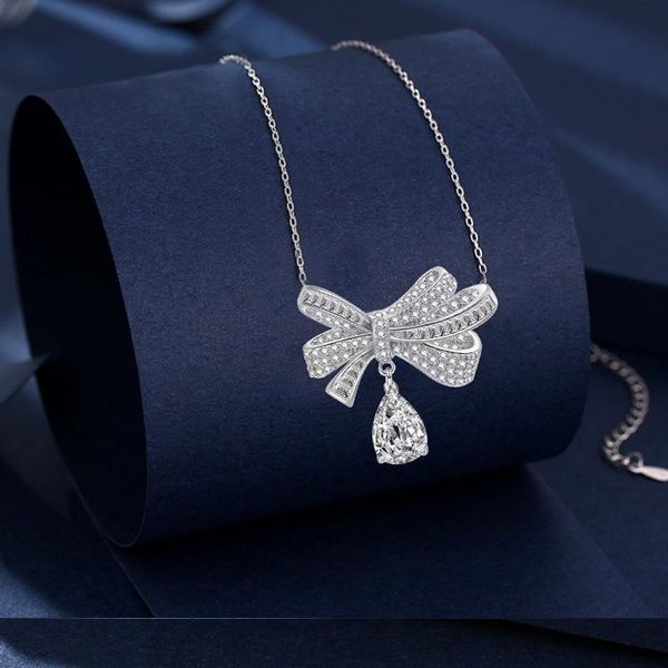 

chains trendy female crystal bow pendant necklace charm silver color chain for women cute white zircon wedding brand jewelry