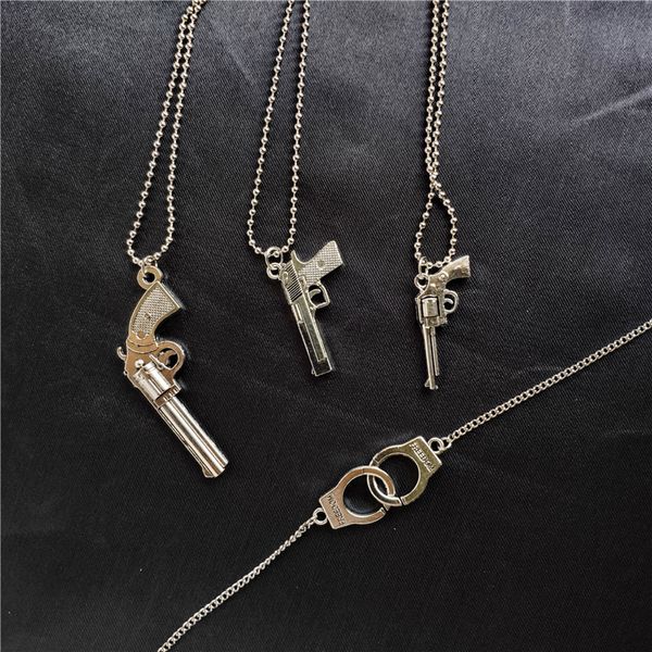

necklaces pendants retro pistol handcuffs gun pendant necklace for women punk antique weapon alloy beads chains jewelry party gifts, Silver