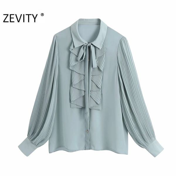 Zevity Nuove Donne Moda Pieghettato Manica Lanterna Solido Camicetta di Chiffon Chic Office Lady Ruffles Camicia Femininas Blusas Top LS7285 210410