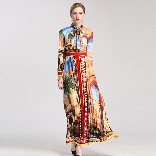 

casual dresses 2021 spring colorful patchwork floral printing bow neck full sleeve slim waist boho long dress runway designer maxi women, Black;gray