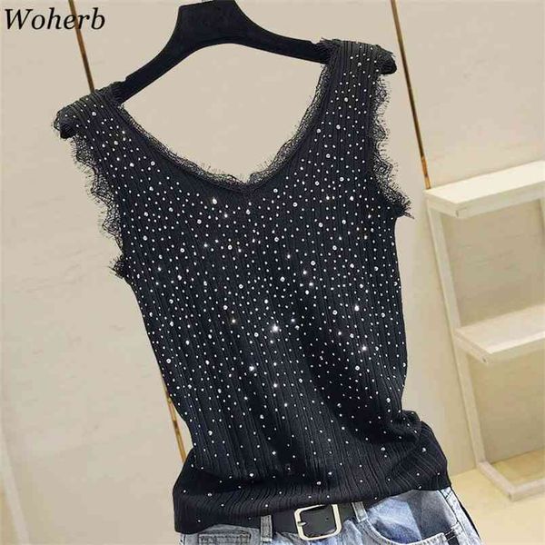

summe beading ice-silk knitted vest women sleeveless blouse fashion lace patchwork solid slim-fit 25063 210519, White