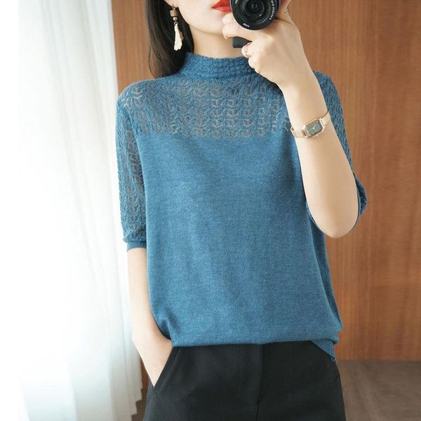 

knitted hollow half sleeved pullovers womens sweaters turtleneck loose korean shirts thin lace knit spring summer, White;black