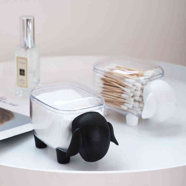 Carneiros bonitos criativos mini plástico cotonete caixa de armazenamento doméstico organizador de desktop à prova de poeira cosmético 1 pc