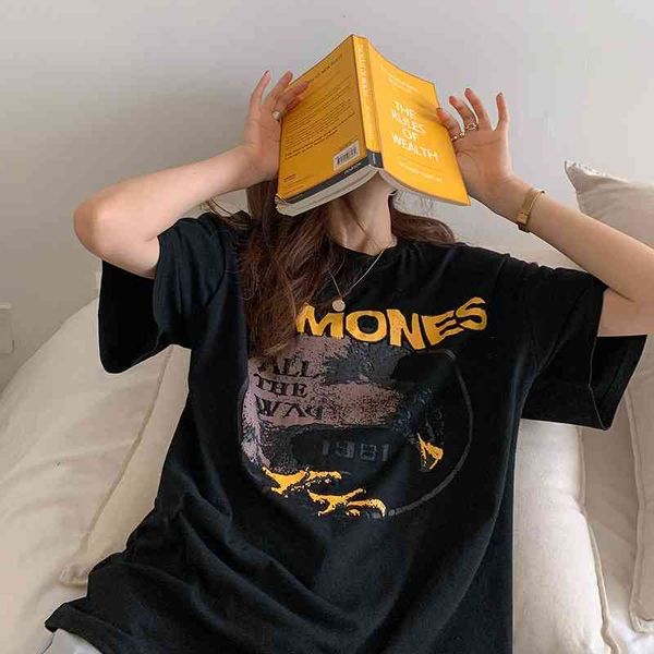 

2021 new print loose hiphop black short sleeve women's high street fashion t-shirt summer clothes, White;black