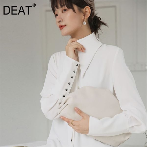 

[deat] women white button split temperament blouse new lapel long sleeve loose fit shirt fashion tide spring autumn 13p389 210430