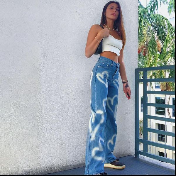 

heart pattern blue jeans denim womens pant y2k vintage autumn harajuku straight high waist full length trousers, Black;white