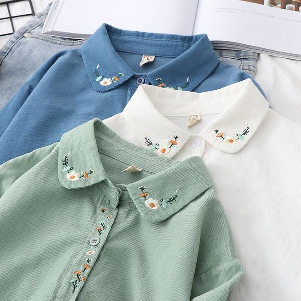 

women's blouses & shirts women autumn embroidery corduroy female casual cotton long sleeve loose shirt korean ladies lapel office blous, White