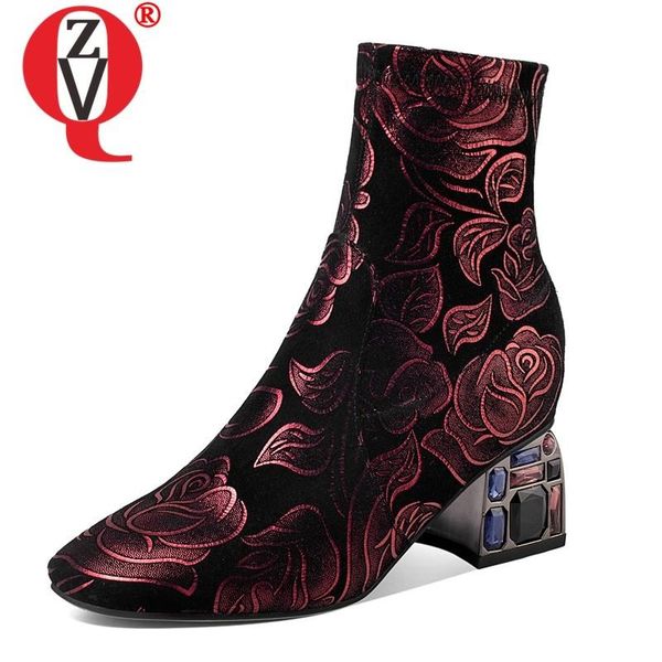 

boots zvq drop shoes woman fashion ankle sheep suede leather stone decoration high heels office ladies winter booties, Black