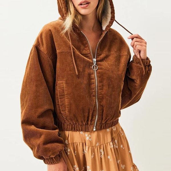 

women's jackets corduroy hooded women jacket winter casual brown pocket zipper short long sleeve drawstring loose coat t3, Black;brown