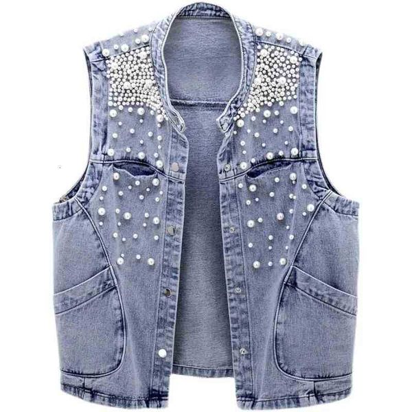 

women's vests spring autumn fashion beading denim vest female korean women sleeveless jacket loose big pocket waistcoat l2im, Black;white