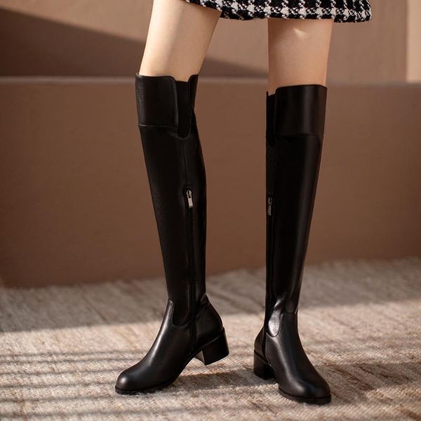 

boots qzyerai winter cow leather riding warm round toe classics slip on street wear elegant casual over-the-knee, Black