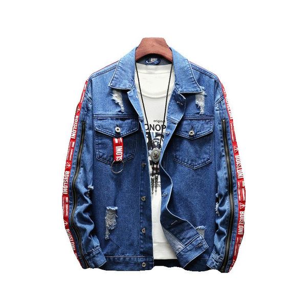 

men's jackets spring autumn streetwear blue black denim jacket men plus size destroy ripped jeans with zipper ribbons 3xl, Black;brown