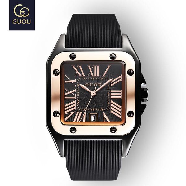 

wristwatches fashion guou 8154 brand men's watches luxury rubber silicon casual dress watch man square quartz clocks, Slivery;brown
