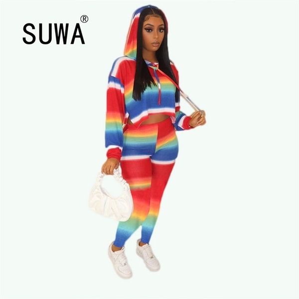 Rainbow Striped Patch Tougsuit Двухструктурные брюки для женщин Длинные рукава Толстовка Топ-тощий Карандаш Леггинсы Тренировки Одежда 210525