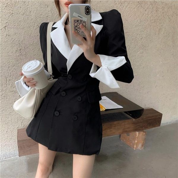 

casual dresses [ewq] korea chic autumn fashion trend women lapel double-breasted contrast color simple long-sleeved blazer dress 2021 16e218, Black;gray
