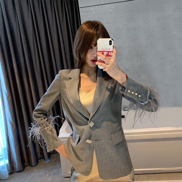 

women's suits & blazers 2021 autumn french famous feather tassel diamond buckle slim out suit jacket woman, White;black