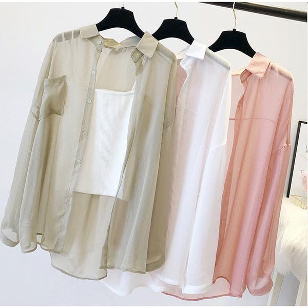 

women's blouses & shirts sweet chiffon sunscreen women turn down collar long sleeve single breasted female shirt summer solid loose lad, White