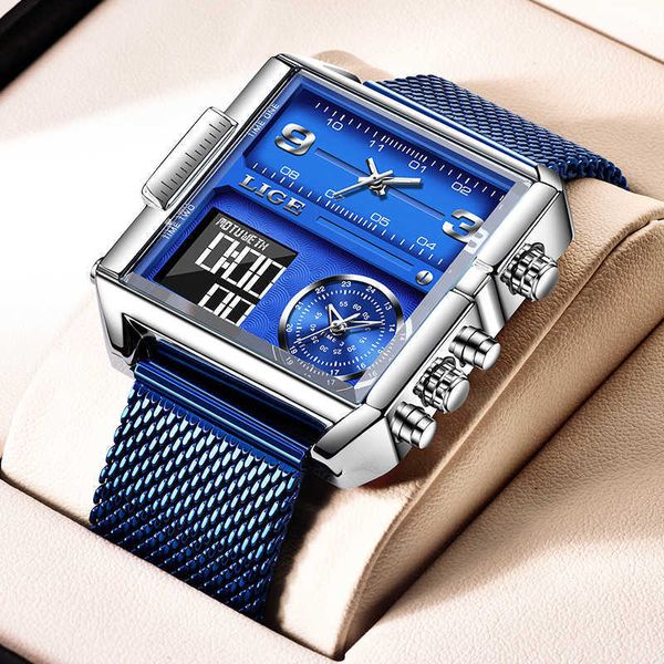 Lige homens relógio eletrônico moda direção malha de aço esporte relógios homens luxo à prova d 'água azul relógio de quartzo relogio masculino 210527