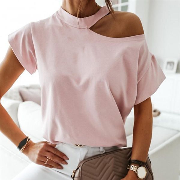 

women's t-shirt summer strapless short-sleeved backless fashion casual solid color shirt patchwork wild female, White
