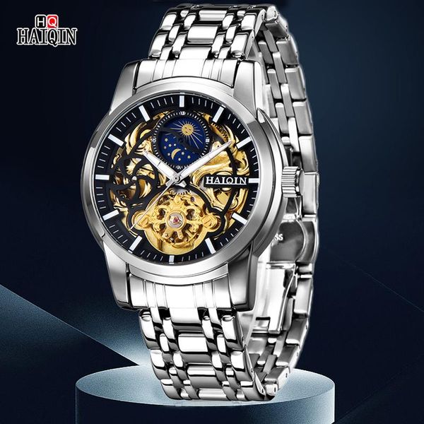 

wristwatches haiqin fashion men's watch automatic hollow male watches waterproof all steel men for relogio masculino, Slivery;brown