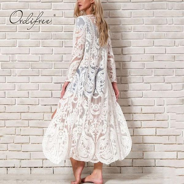 

casual dresses ordi2021 summer maxi cardigan dress transparent white lace women long beach, Black;gray