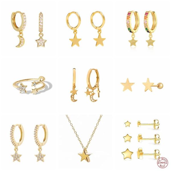 

hoop & huggie romad 925 sterling silver classic zircon star moon pendant earrings for women crystal pentagram jewelry pendiente, Golden;silver