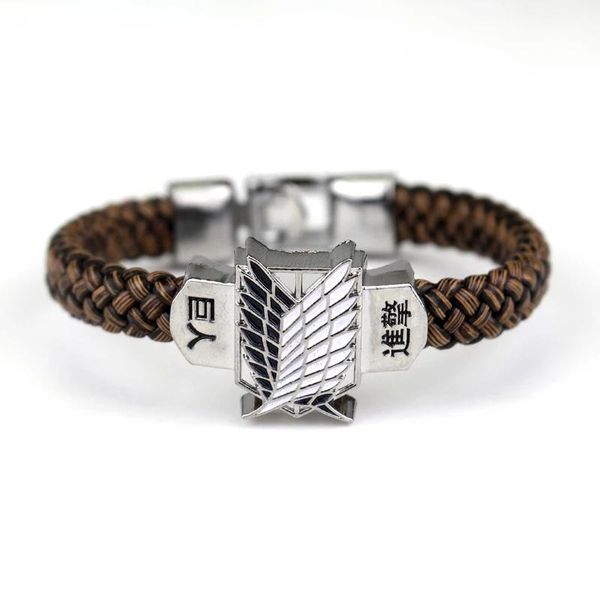 

charm bracelets anime attack on titan bracelet men weave leather shingeki cosplay wristband hasp chain wristlet, Golden;silver