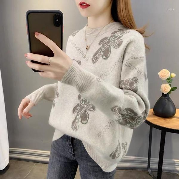 

women's wear a cartoon pullover 2021 autumn winter fashion lazy wind thicken warm loose wild knitted cashmere sweater sweaters, White;black