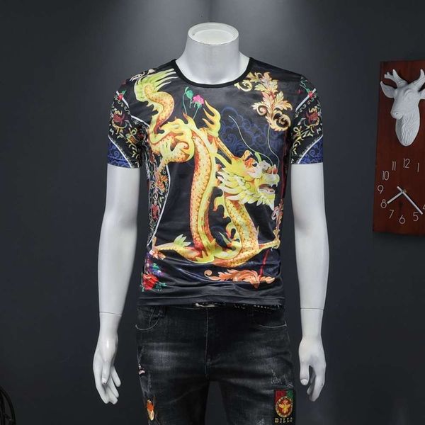 

2021 summer dragon print short sleeve t-shirt men's half, White;black