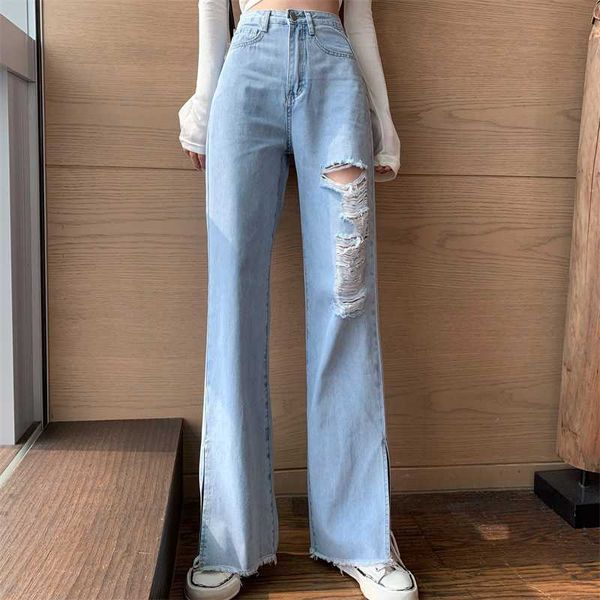 

women casual jeans fashion hole pants high waist straight pant zipper streetwear clothes femme bottoms ripped trousers summer 210604, Blue