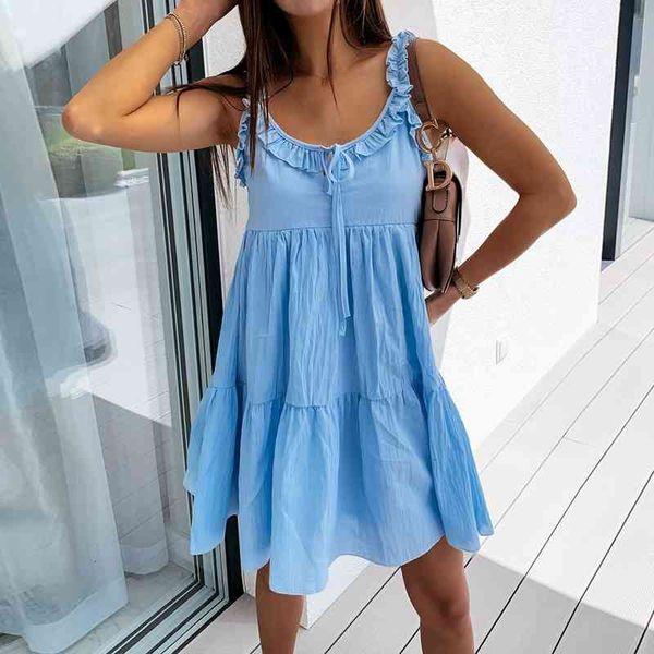 

casual dresses summer v neck loose dress women spaghetti strap ruffle solid color beach holiday female lace up vestidos bz2r, Black;gray