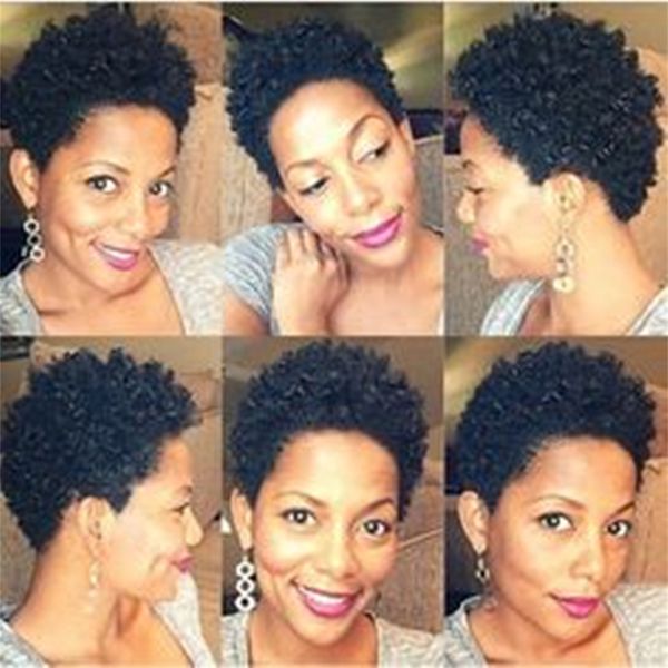 

human hair none lace front wig malaysian afro kinky curly black women short machine made wigs, Black;brown