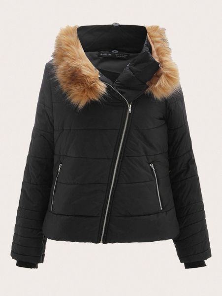 

zip up fuzzy trim hooded puffer coat y8h5#, Black