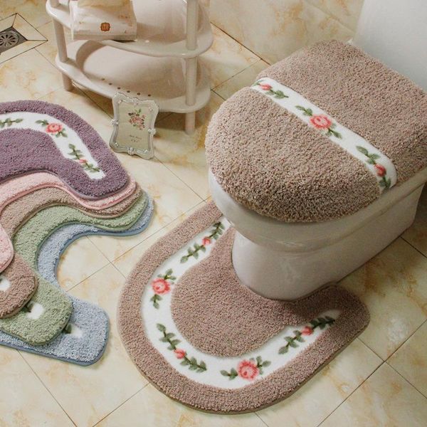 

bath mats pastoral style toilet rug flower pattern bathroom mat set u shape cover fiber carpets decor lid floor