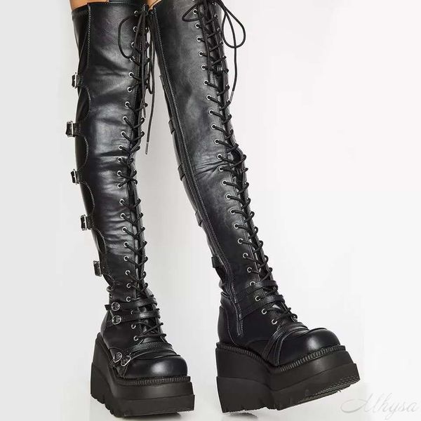 

design female high platform thigh high boots fashion buckle punk high heels boots women cosplay wedges boots woman botas mujer, Black