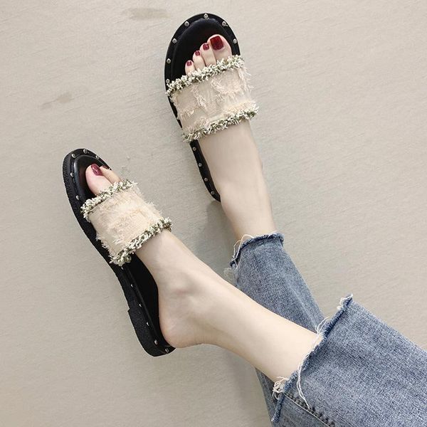 

tassel cloth metal rivets sandals women open toe flats slippers fringe studs non-slip round waterproof beach sandalias mujer, Black