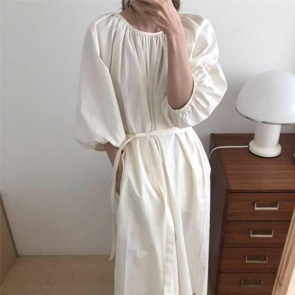 

lazy style vintage french elegant chic lady solid brief women loose all match lace up long dresses 210421, Black;gray