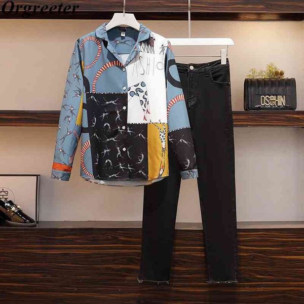 

plus size autumn runway design retro pattern printting long sleeve shirt and flare denim pants suits women''s clothing 210525, White