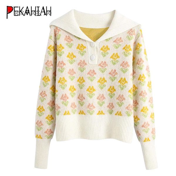 

women's sweaters 2021 autumn women lapel print knitted sweater fashion slim sweet cute floral pullover lady casual loose chic top, White;black