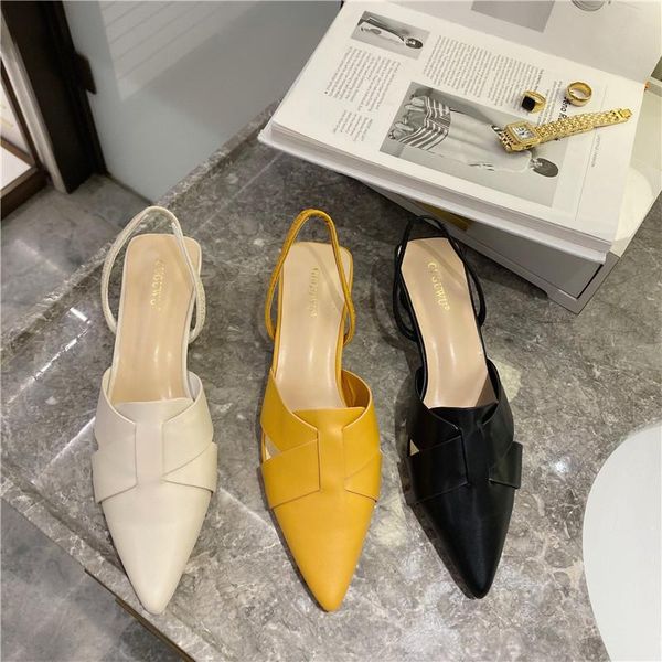 

summer elegant women yellow beige designer high heels slingback sandals sweet lady low pointed toe sandal party shoes, Black