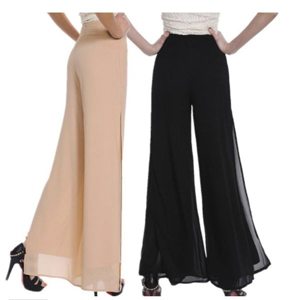 

women's pants & capris women chiffon side split casual pant loose slim wide leg plus size 4xl vintage high waist long trousers ladies84, Black;white