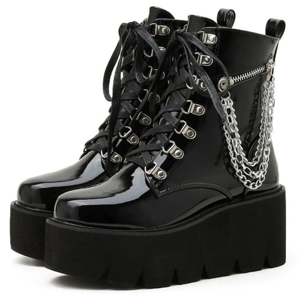 

boots female motorcycle women lace up metal chain deisgn platform wedges goth shoes woman black thick fashion
