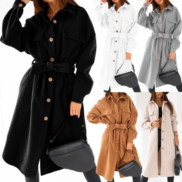 

women's wool & blends lapel coats women autumn winter belt cardigan jacket ladies office work long sleeve v-neck button tie tweed coat, Black